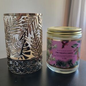 Bath & Body Works Pink Pineapple Sunrise Single Wick Candle w/ Gold Leaf Holder